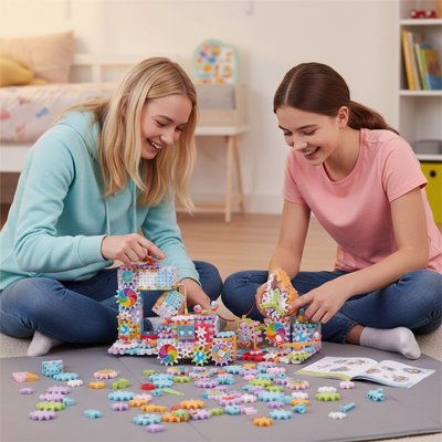 deux amis joue avec jeux de constructions sur le tapis