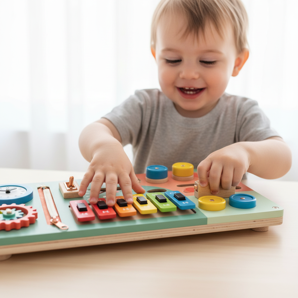 Enfant jouant avec tableau Montessori