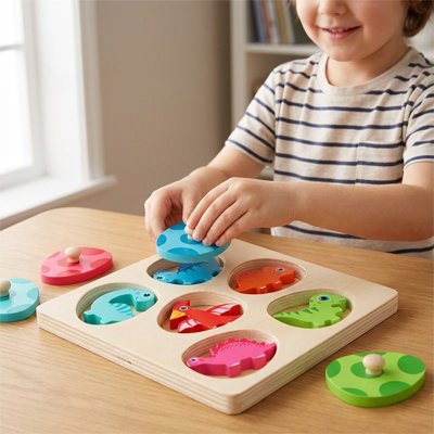 enfant joue avec en Puzzle en bois avec des formes