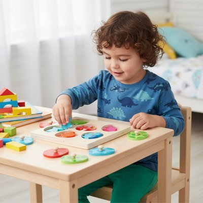 enfant joue avec Puzzle en bois avec des couleurs