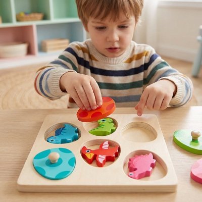 enfant joue avec Puzzle en bois avec en toute sécurité