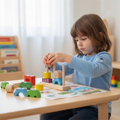 enfant joue avec un Puzzle en bois 