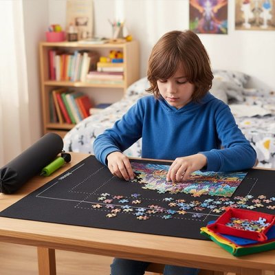 garçon joue sur le tapis puzz le noir
