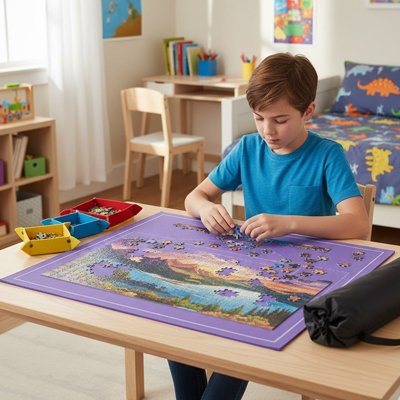 garçon joue sur le tapis puzzle violet