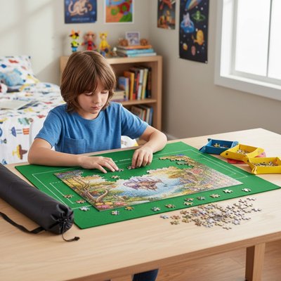 enfant joue tranquillemet sur le tapis puzzle vert