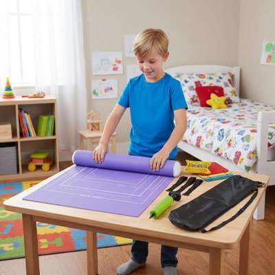 enfant plie facilement le tapis violet
