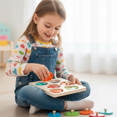 fille heureuse jour par terre avec Puzzle en bois 
