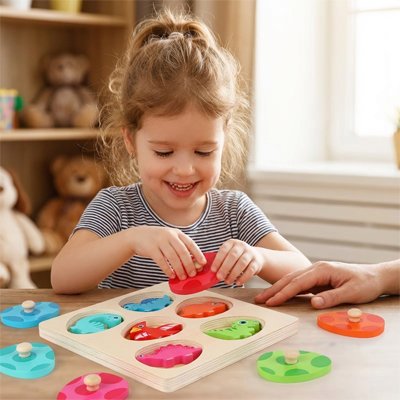fille joue avec Puzzle en bois avec les formes en couleurs