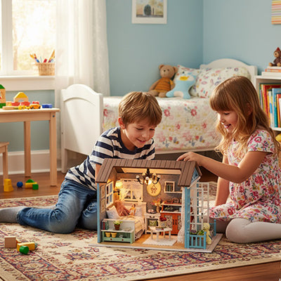 frere et soeur joue ensemble avec une maison poupee