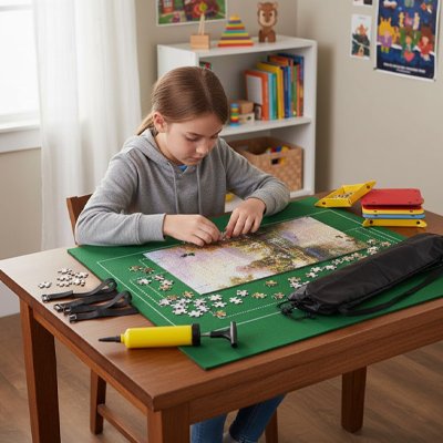 la-fille-a-terminer-le-tableau-de-jeu-sur le-tapis-puzzle-vert
