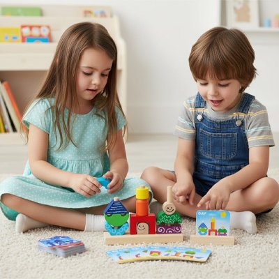 les enfants joue ensemble avec Puzzle en bois 