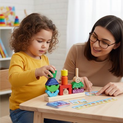 Maman joue avec sa fille en Puzzle en bois 